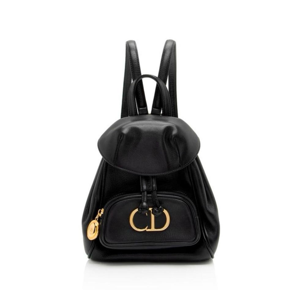 SOLD Dior Black Leather Vintage Backpack W/Gold Hardware And Drawstring Closure - Picture 1 of 16
